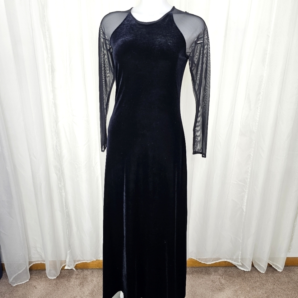 Vintage Susan Roselli Black Velvet Dress Size 8 Sheer Long Sleeves
